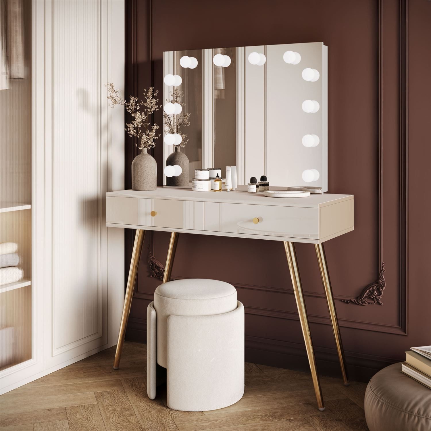 Lookway Schminktisch SIENNA GOLD ELITE Schminktisch mit schrägen Beinen (1x Konsole 1x Spiegel), Breite: 100 cm