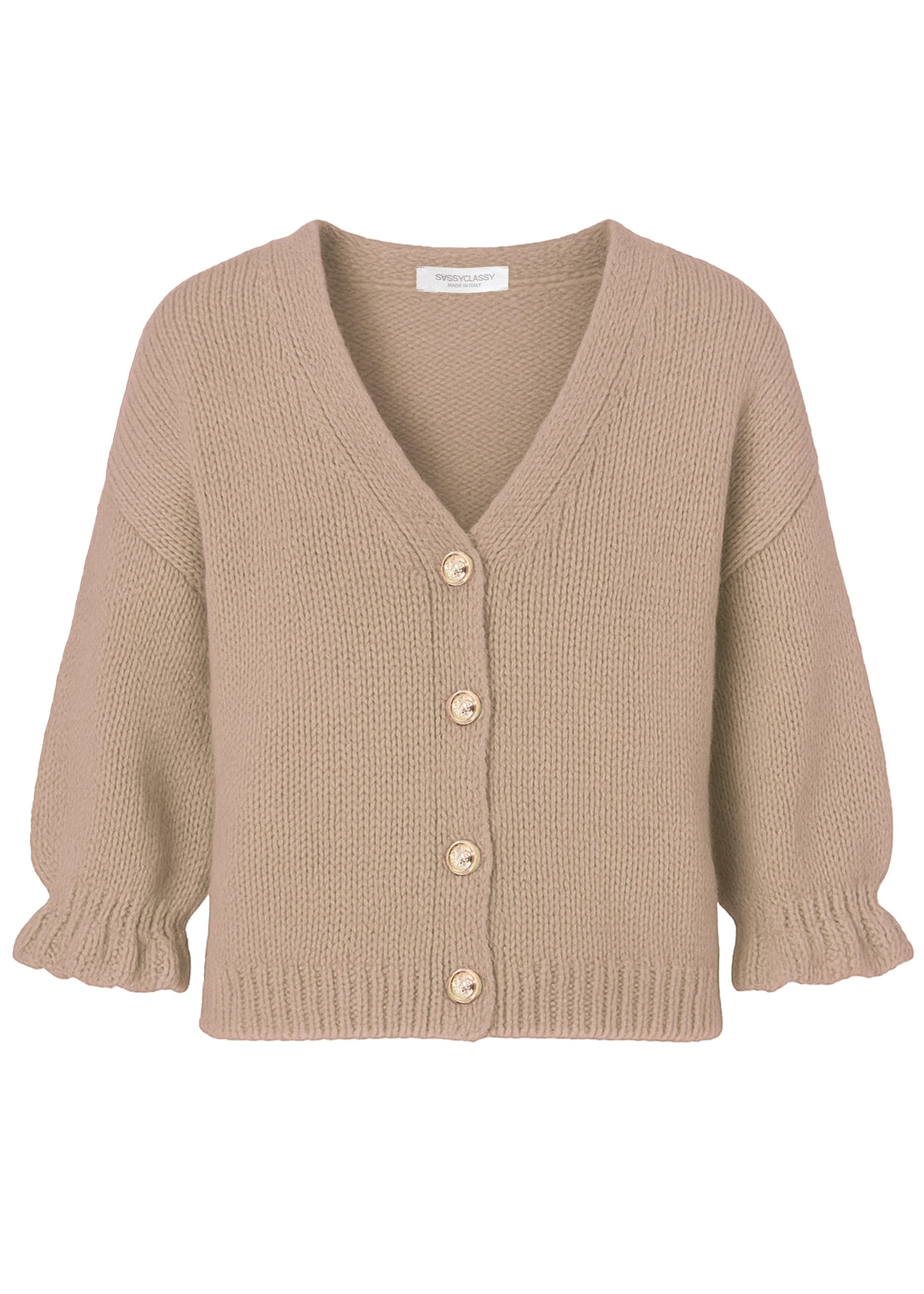 SASSYCLASSY Cardigan Cardigan mit 3/4-Ärmeln für Damen Cozy Cardigan mit Ballonärmeln und Knopfleiste und Volants
