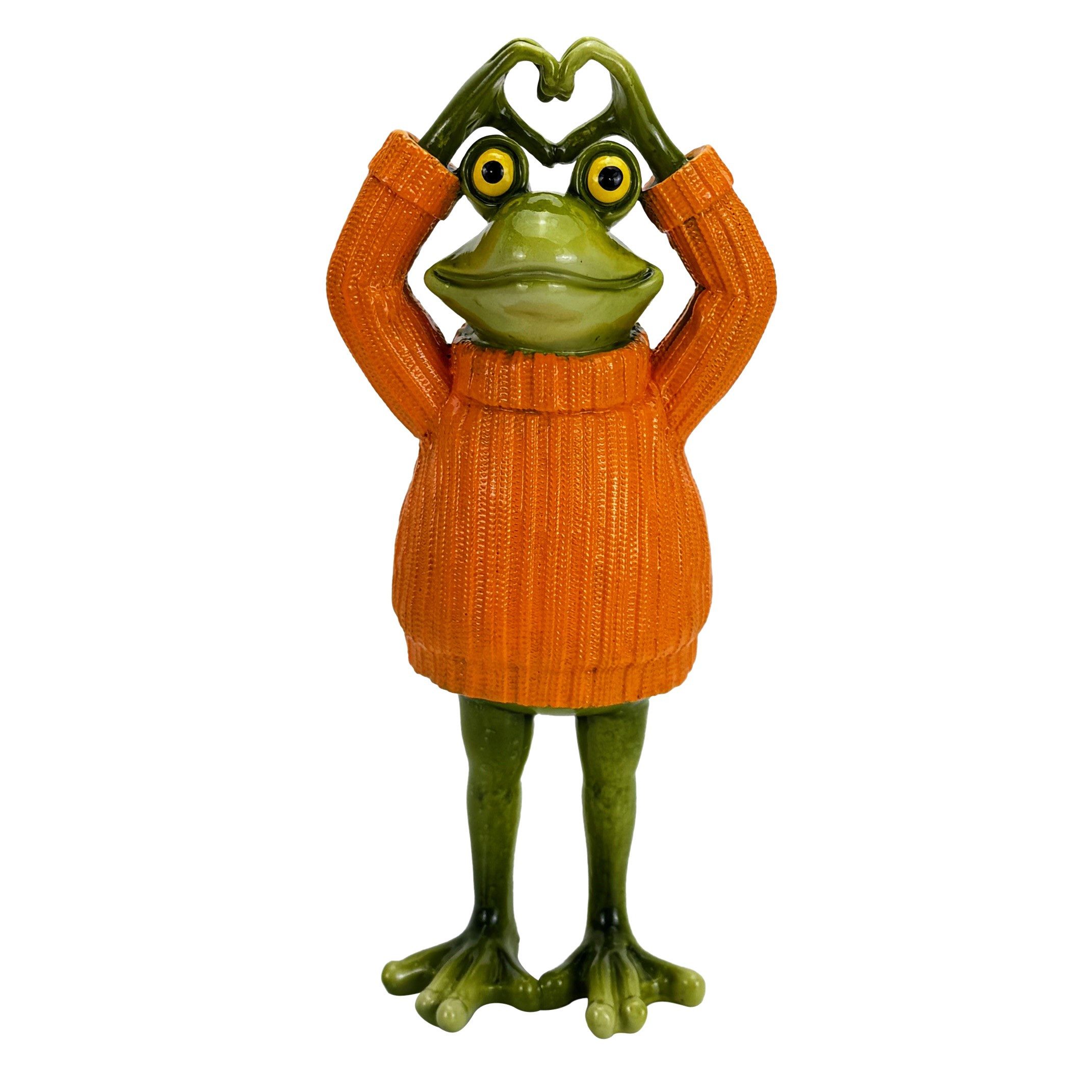 Online-Fuchs Gartenfigur lustiger Frosch für Garten, Balkon & Terrasse - Deko Figuren für außen, (mit Herzerl über dem Kopf, süße Geschenkidee), aus langlebigem Kunstharz gefertigt, wetterfest - 27 cm groß