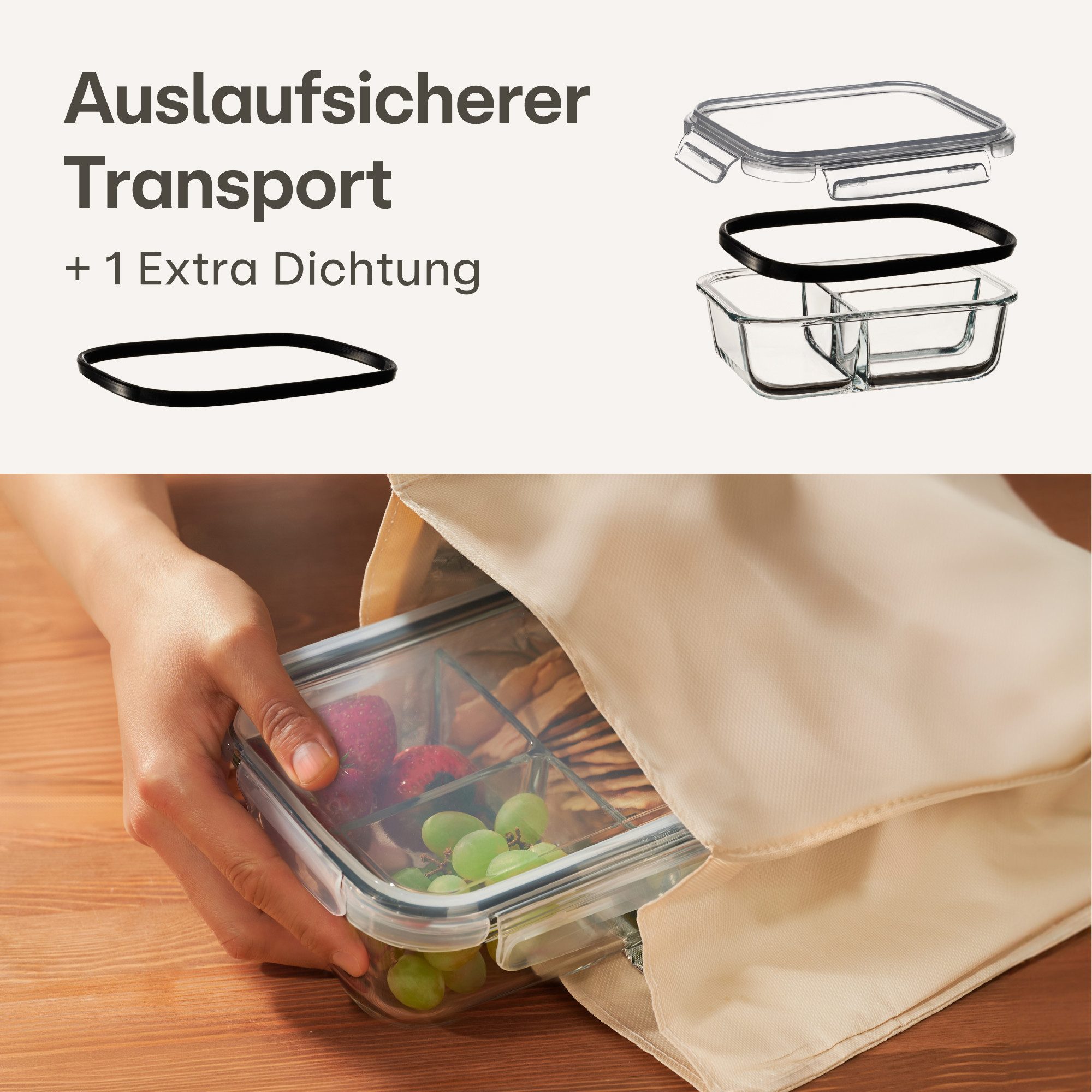 Praknu Lunchbox Meal Prep Boxen Glas 3 Fächer - Glasdosen 2er Set mit Deckel 1000ml, Borosilikatglas mit BPA-freiem Kunststoffdeckel und Silikon, (Set), 1000 ml Glasbehälter Ofenfest - Bento Box Zum Einfrieren - Tupper