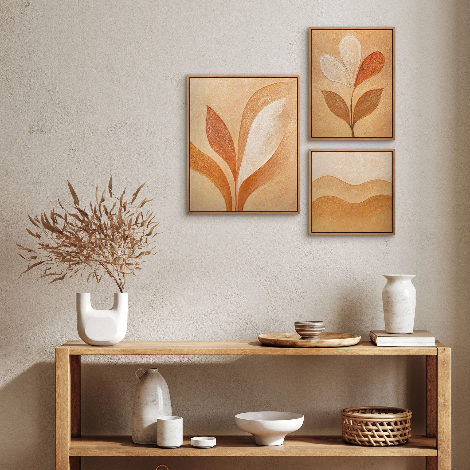 YS-Art Gemälde "Flüstern des Laubs", Pflanzen (Set, 3 St), Modernes Wandbilder Set mit Naturmotiven Leinwandbilder set mit rahmen