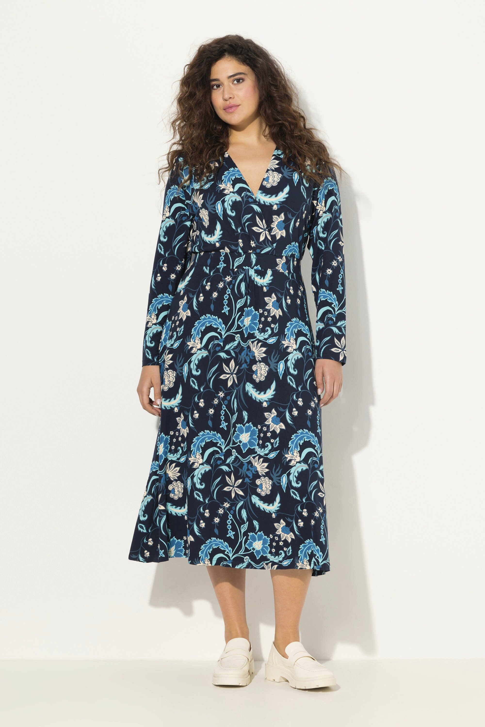 Midikleid Jersey-Midikleid A-Linie V-Ausschnitt Langarm