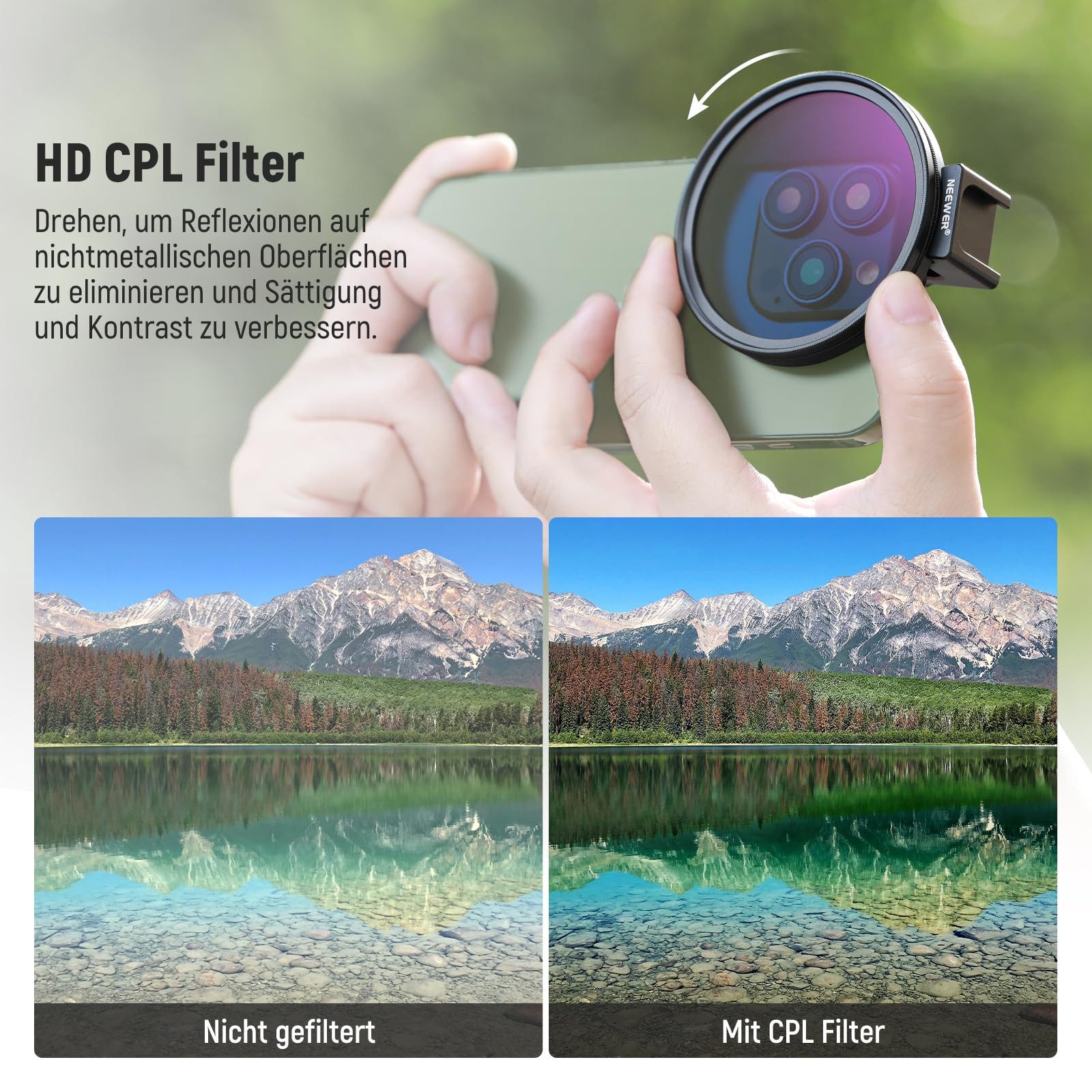 Neewer NW SERIES S 67mm CPL Filter für iPhone & Galaxy Smartphones Polfilter (Reflexionen reduziert und die Farbsättigung erhöht)
