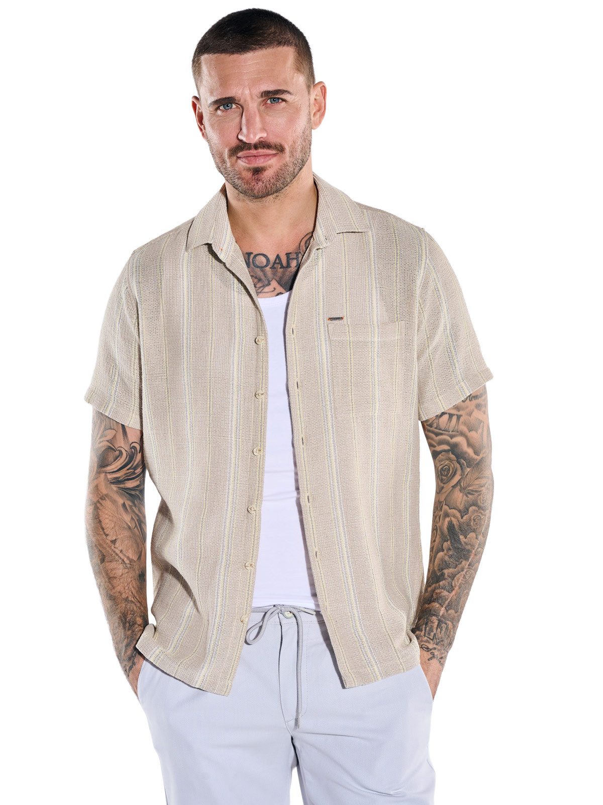 emilio adani Kurzarmhemd Herren Kurzarmhemd mit gewebter Streifenoptik, Beige