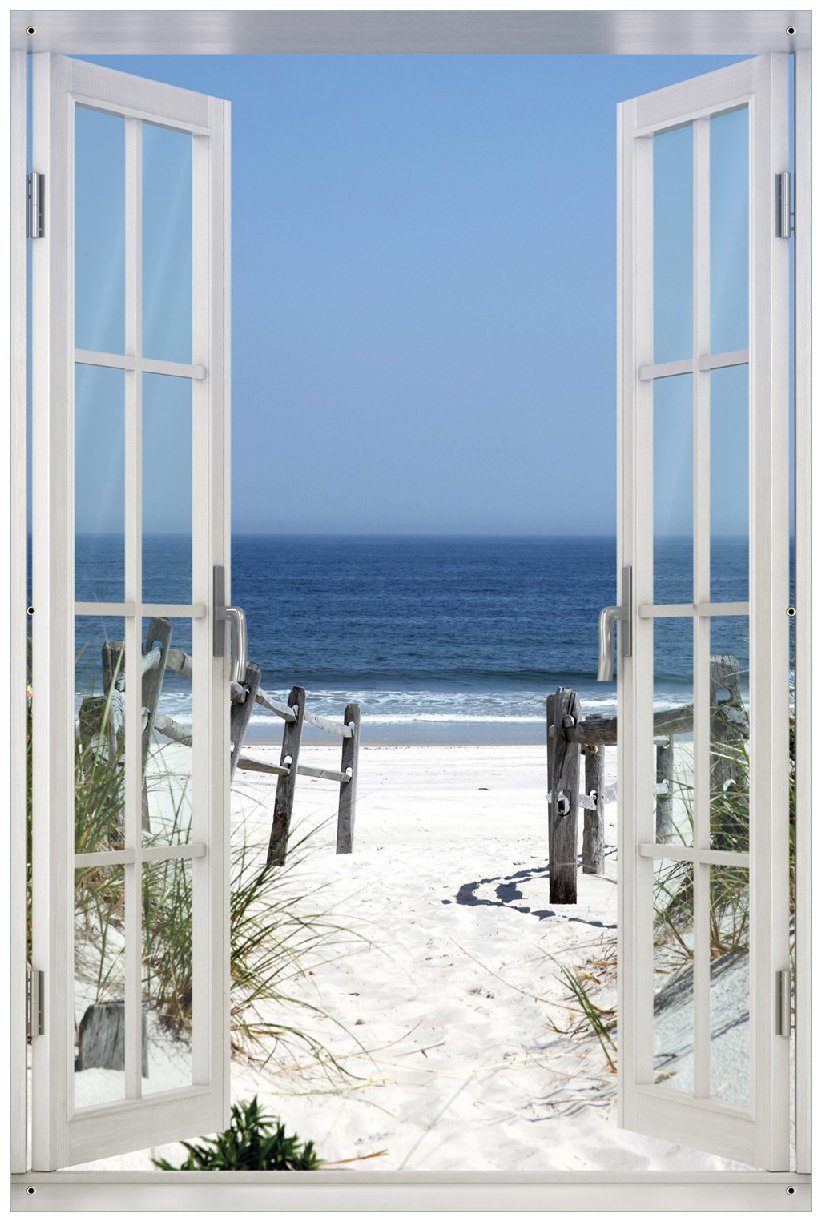 Wallario Sichtschutzzaunmatten Blick auf Strand, mit Fenster-Illusion