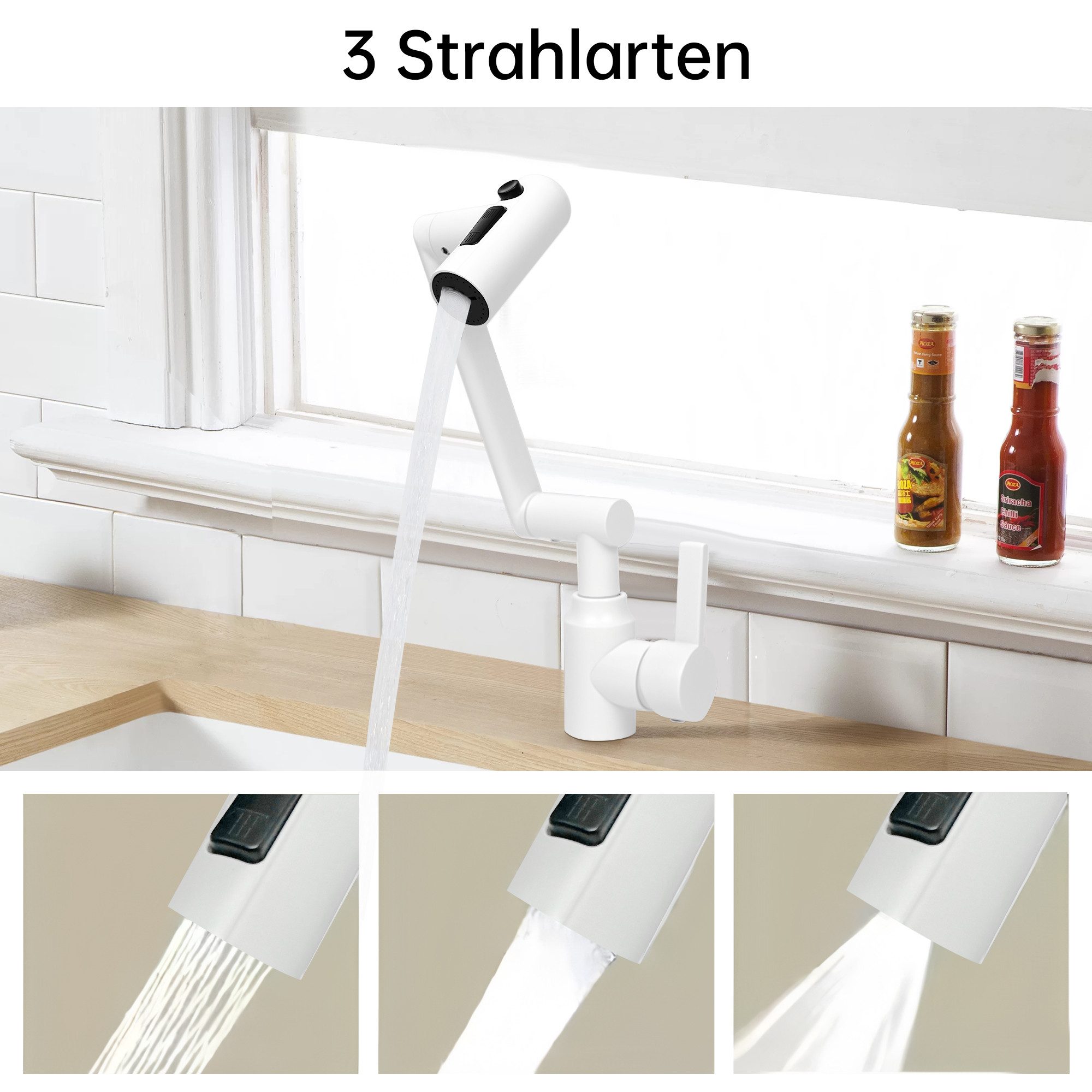 SEHAUSEU Waschtischarmatur Wasserhahn Bad Küche Waschbeckenarmatur Badarmaturen Küchenarmatur 360° drehbar, schwarz, weiß – Bild 3 von 5
