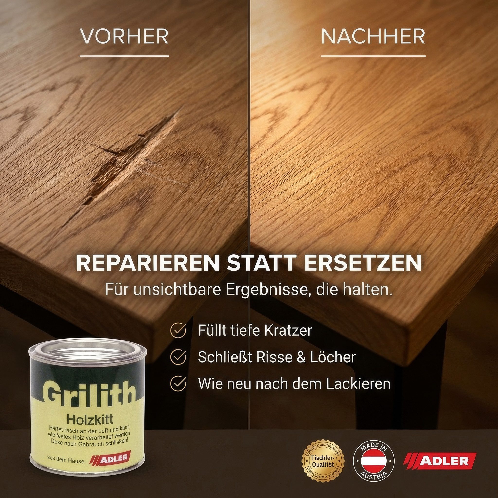 ADLER Spachtelmasse Grilith Holzkitt 200ml, Schnelltrocknend – spart Zeit bei Reparaturen