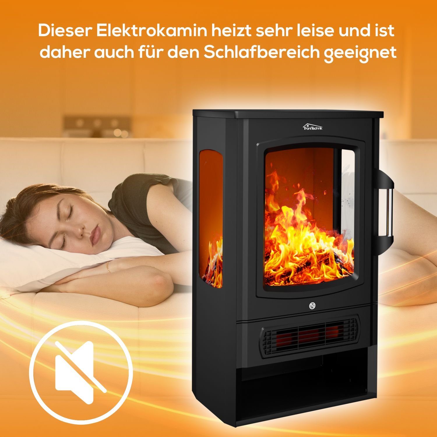 TroniTechnik Elektrokamin Elektrokamin Kaminfeuer, LED Flammeneffekt elektrisch 1000/2000 Watt, Standkamin mit Heizung, Thermostat Panorama-Sichtfenster Heizfunktion