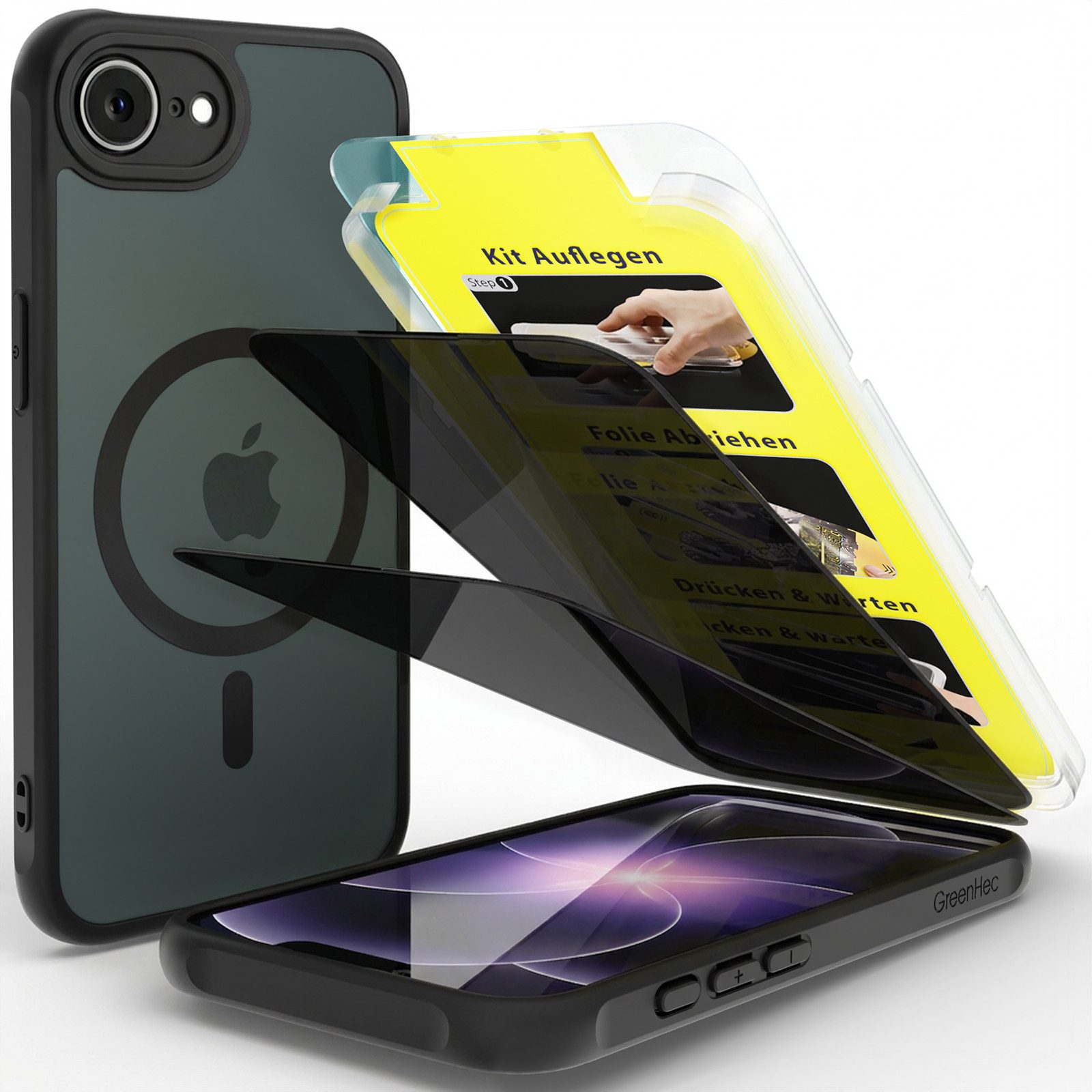 GreenHec Handyhülle iPhone 17e / 16e Hülle MagSafe Case Handy Schwarz Schutzhülle Cover 6,1 Zoll, Magnet Cover Magnetische Hülle Kameraschutz Black Matt Bumper Stoßfest