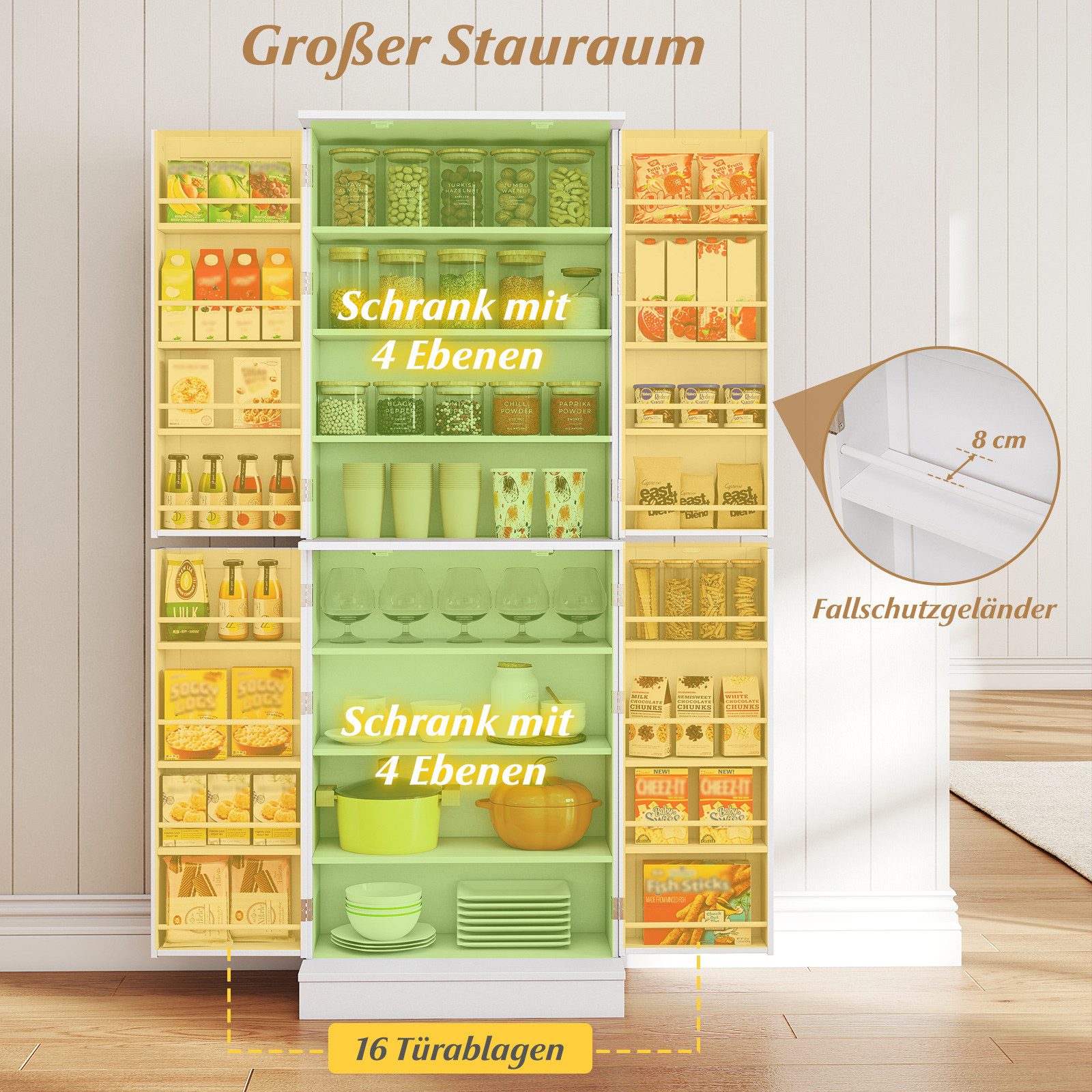 COSTWAY Vorratsschrank Küche, 170 cm freistehender hoher Küchenvorratsschrank