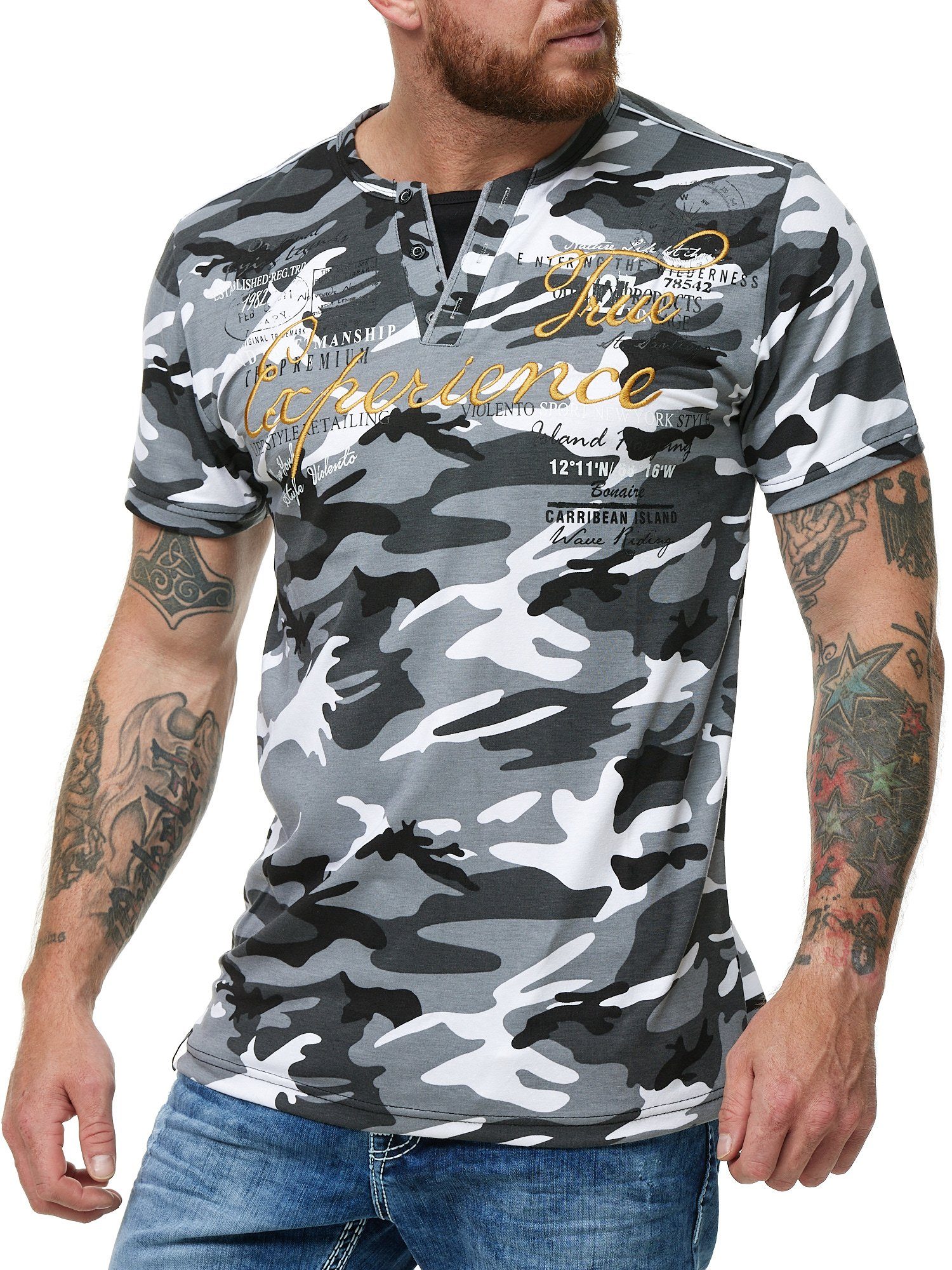 L.gonline Kurzarmshirt Herren T-Shirt mit Knopfleiste, Verwaschen kurzarm mit gestickten (Shirt Kurzarmshirt Tee, 1-tlg) Fitness Freizeit Casual Grau Camouflage