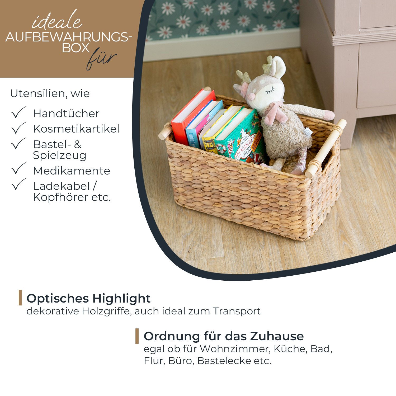 HMF Aufbewahrungskorb Aufbewahrungskorb geflochten aus Wasserhyazinthe, Korb mit (1 St), mit Holzgriffen für Bad, Küche und Wohnbereich, 37 x 22 x 20 cm – Bild 3 von 5