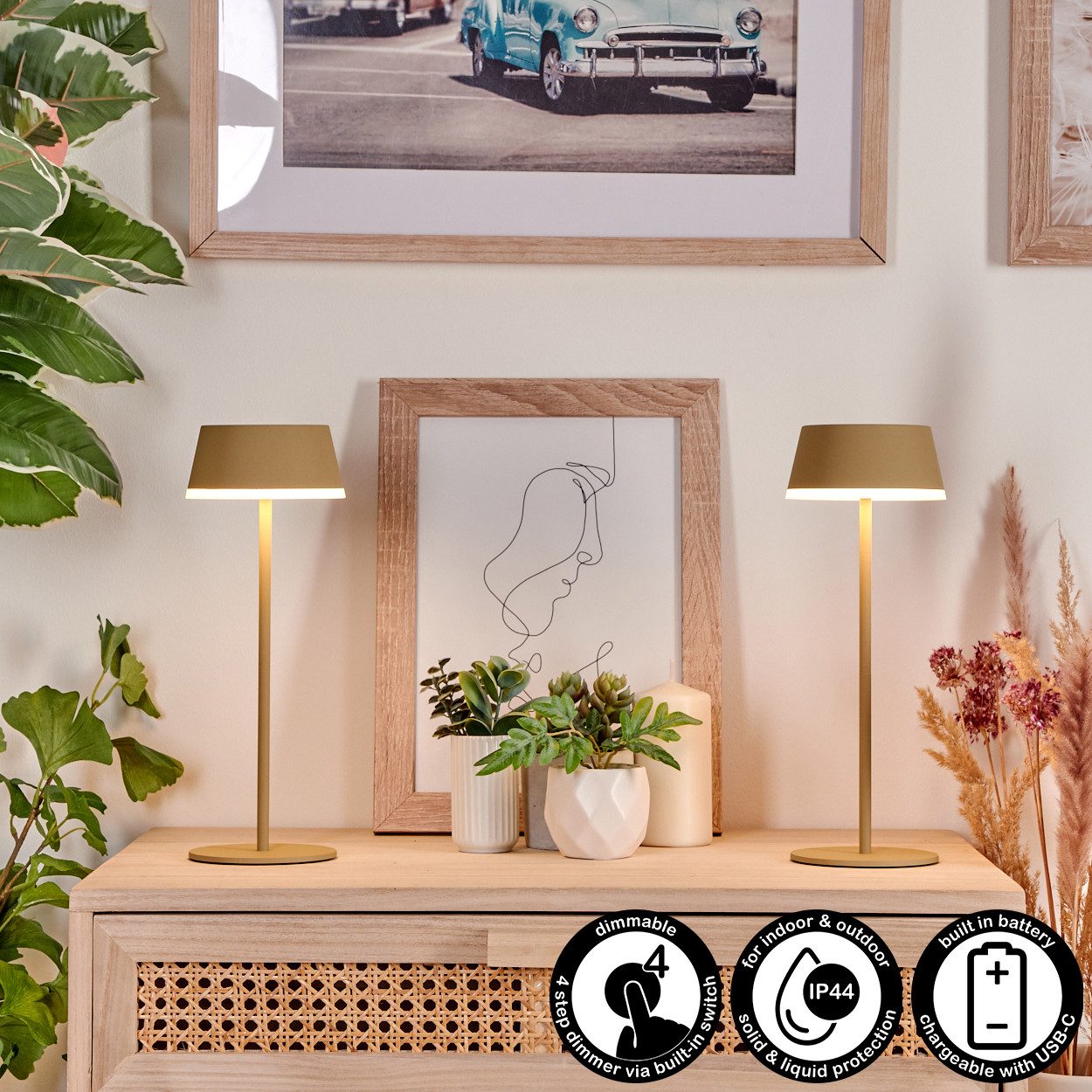 hofstein Tischleuchte 2er Set Tischlampen dimmbar aus Metall/Kunststoff in Sandfarben/Weiß, ohne Leuchtmittel, Настольные лампы Innen und Außen mit Touchdimmer, USB-C, Akku, IP44