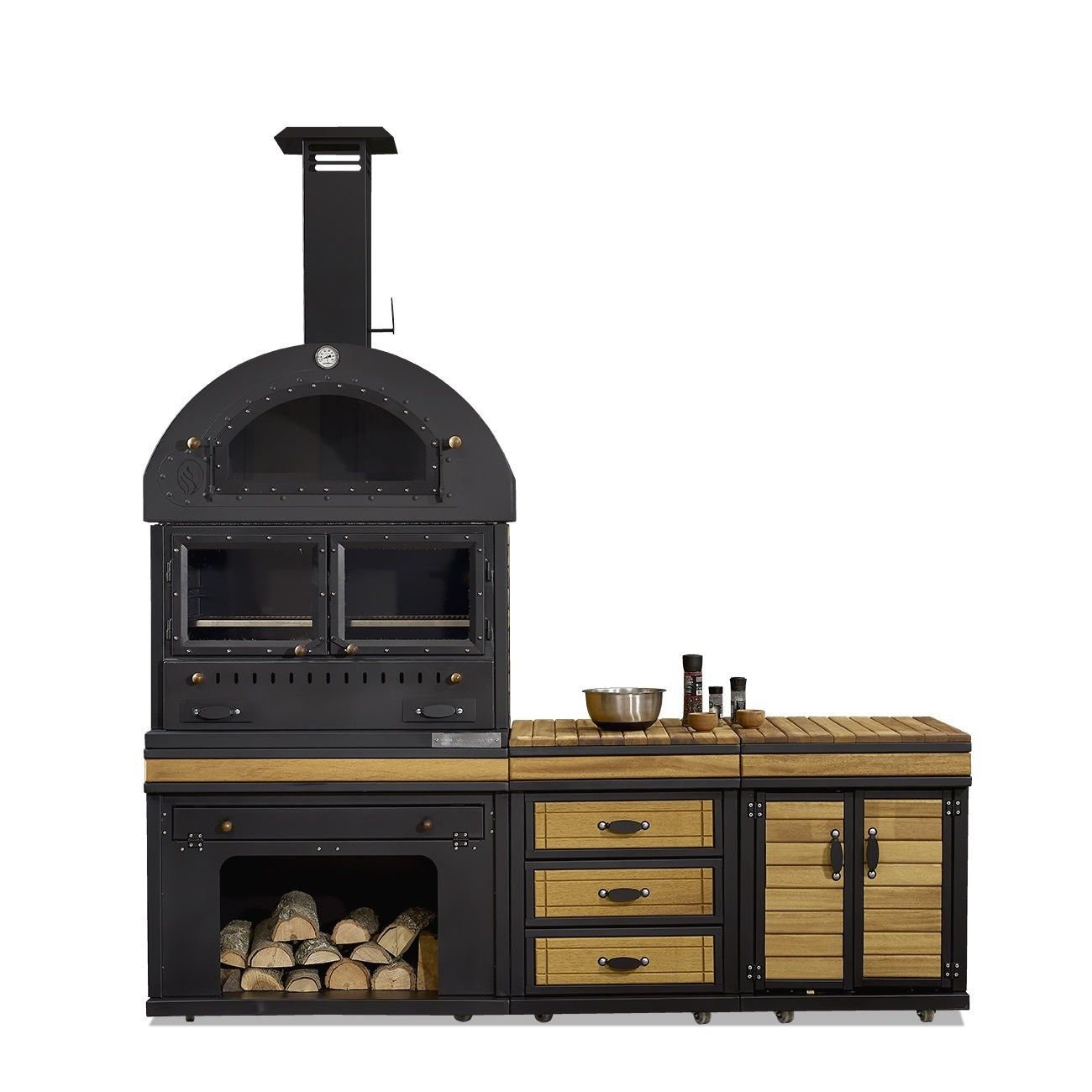 JVmoebel Outdoor-Küche Edelstahl-Holzküche in Schwarz mit großzügiger Arbeitsfläche, Made in Europe