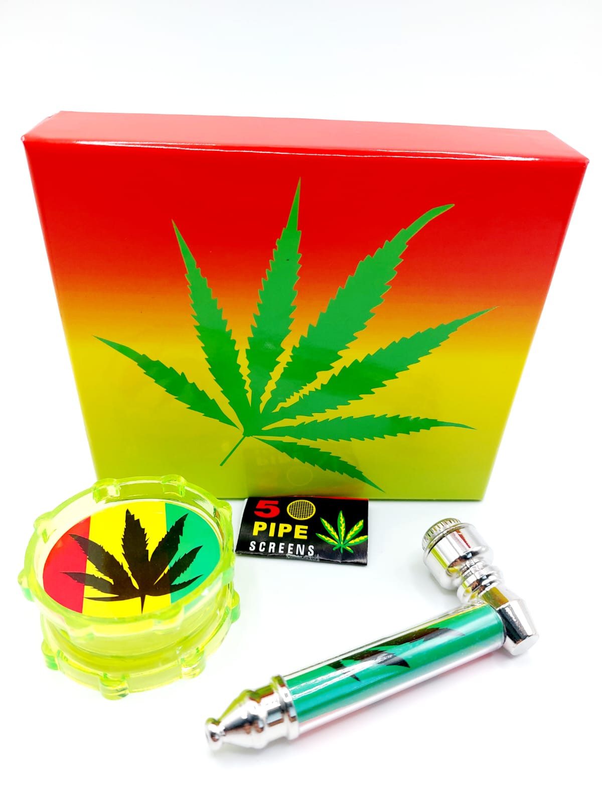 meytrade Grinder Pfeife und Sieb als Geschenkset in einer Box mit Hanfblatt