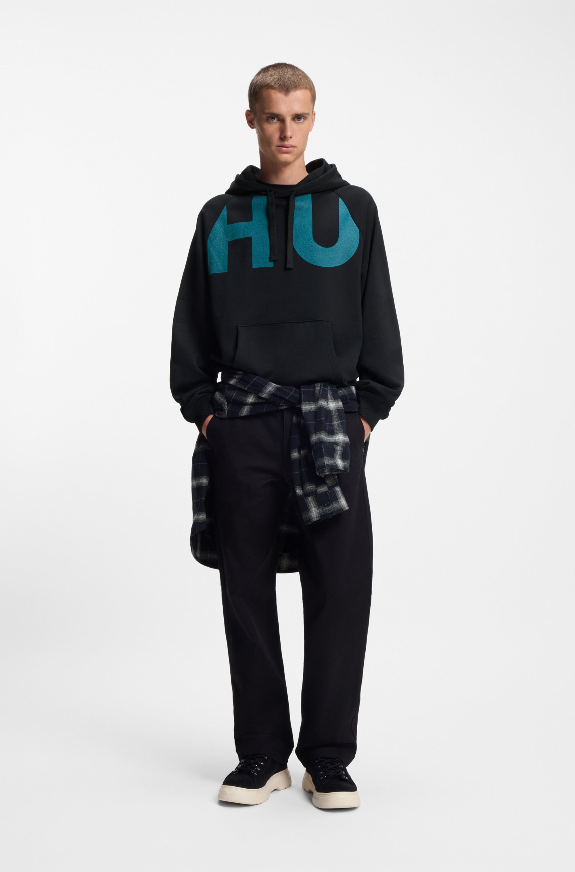 HUGO Hoodie Loose Fit, Druck vorne und hinten, Kapuze mit Kordelzug, Kängurutasche