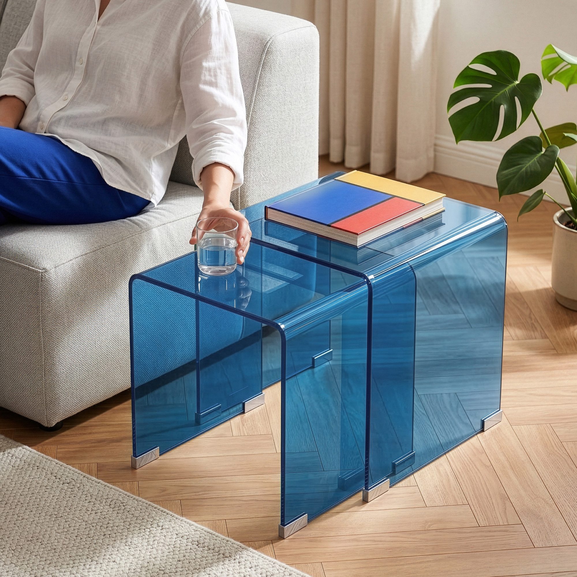en.casa Satztisch, »Kariengem« 2-tlg. Couchtisch-Set Glastischen Blau