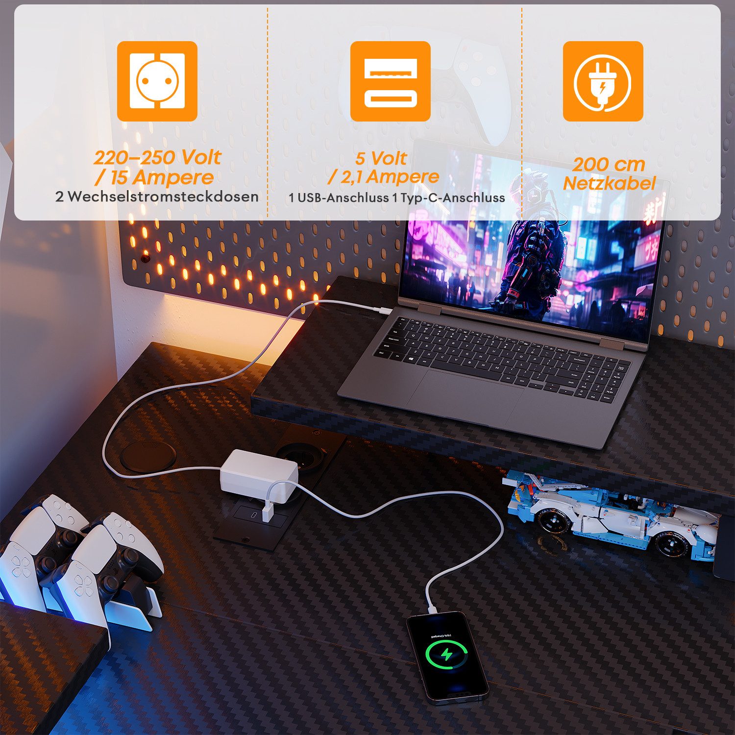 Furnicopia Eckschreibtisch L-förmiger Gaming-Schreibtisch mit Stauraum, Steckdosen und LED (120/140 cm großer Schreibtisch mit zwei Monitorhalterungen, zwei Abl – Bild 5 von 5