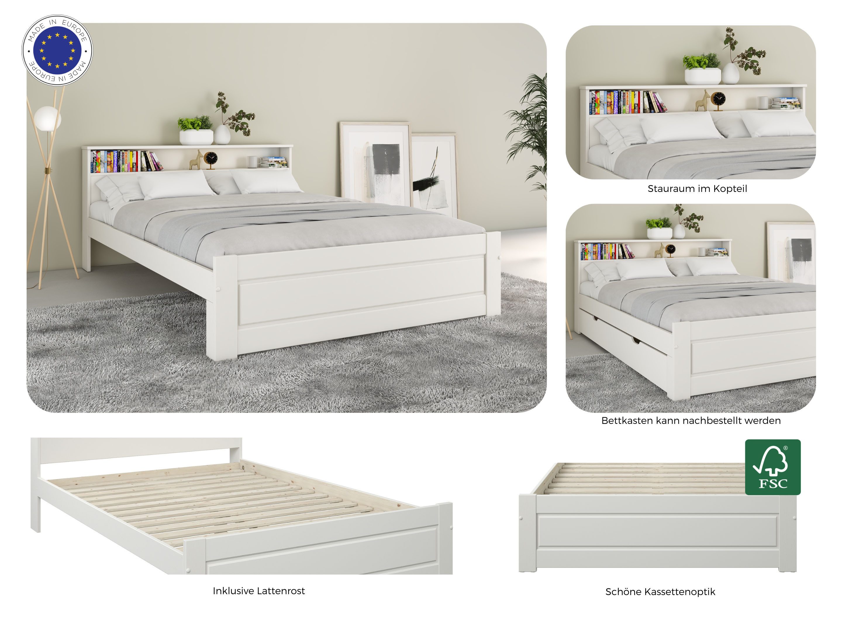 OTTO home Massivholzbett FLAVION, TOPSELLER! Jugendbett, FSC® zertifizierte massive Kiefer (Breite: 90, 140, 180), Qualitätsprodukt, Regal, Kassettenoptik, Schublade optional