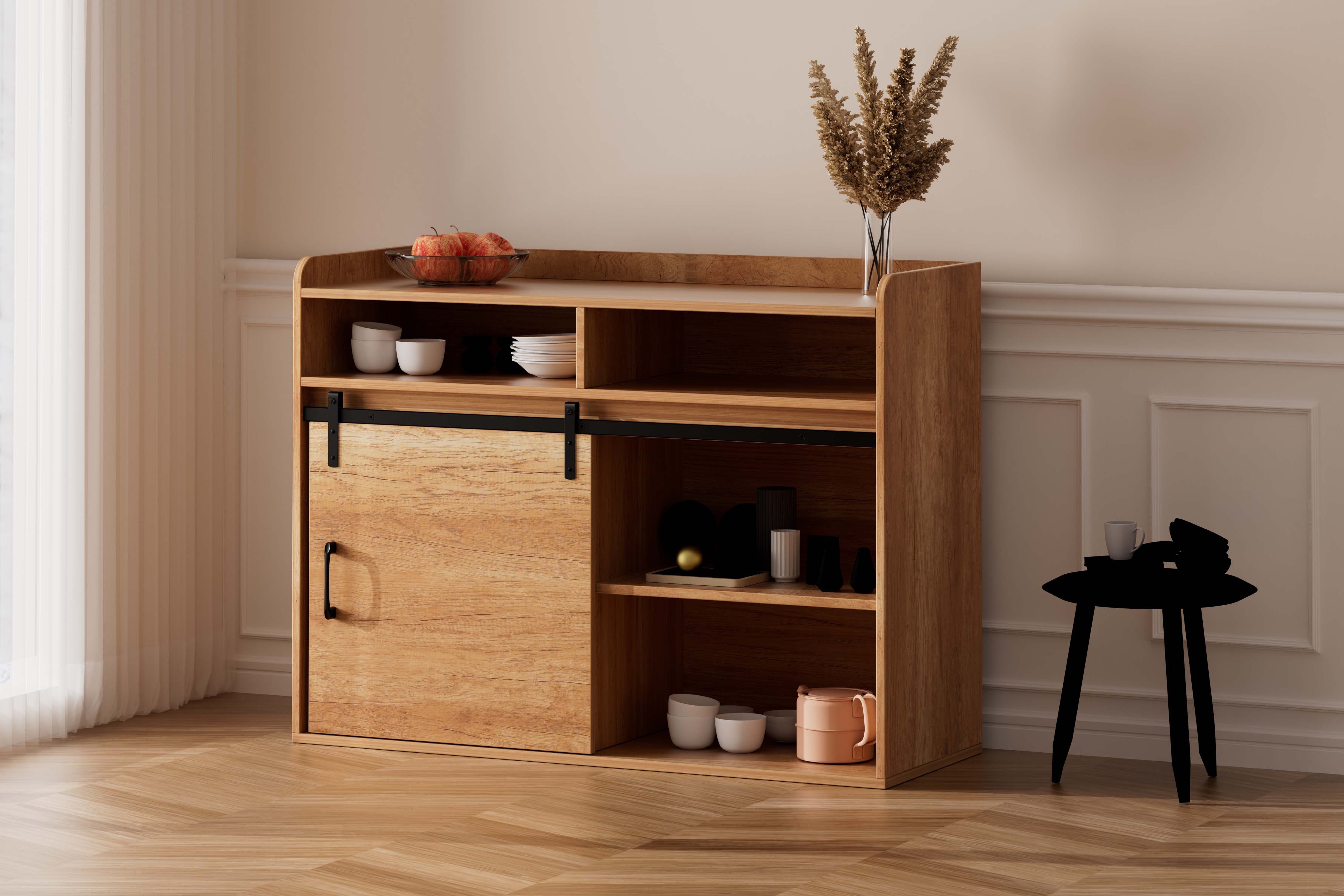 HOMAVO Sideboard HG1 kommode mit Schiebetüren & 4 Schubladen, Retro-Stil (FSC®, viel Stauraum, pflegeleicht), für Wohnzimmer Schlafzimmer Büro Flur