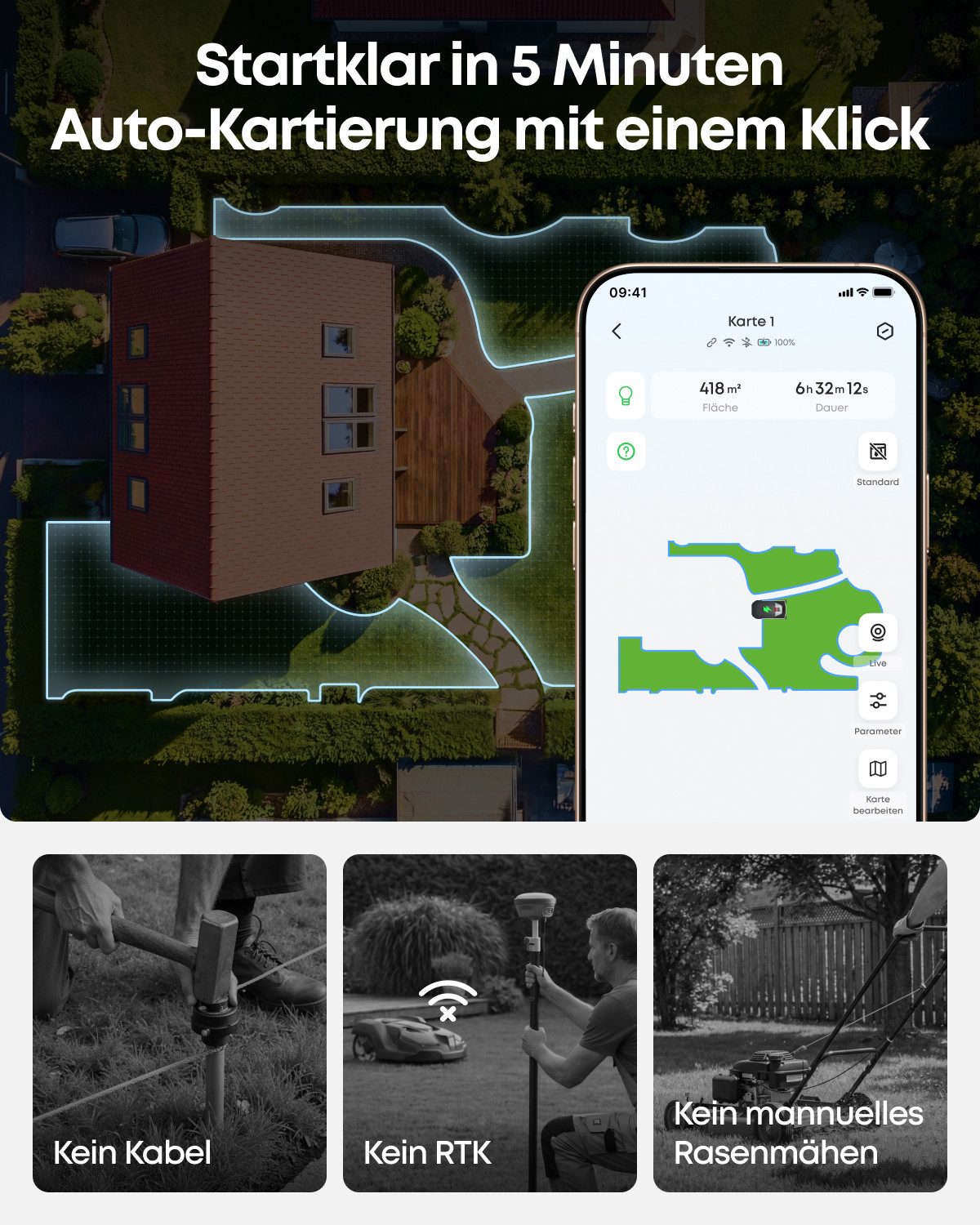 Anker eufy Rasenmähroboter C15 ohne Begrenzungskabel, bis 500 m² Rasenfläche, (Packung), ohne RTK, Auto-Kartierung, intelligente Navigation, präzises Randmähen – Bild 4 von 5