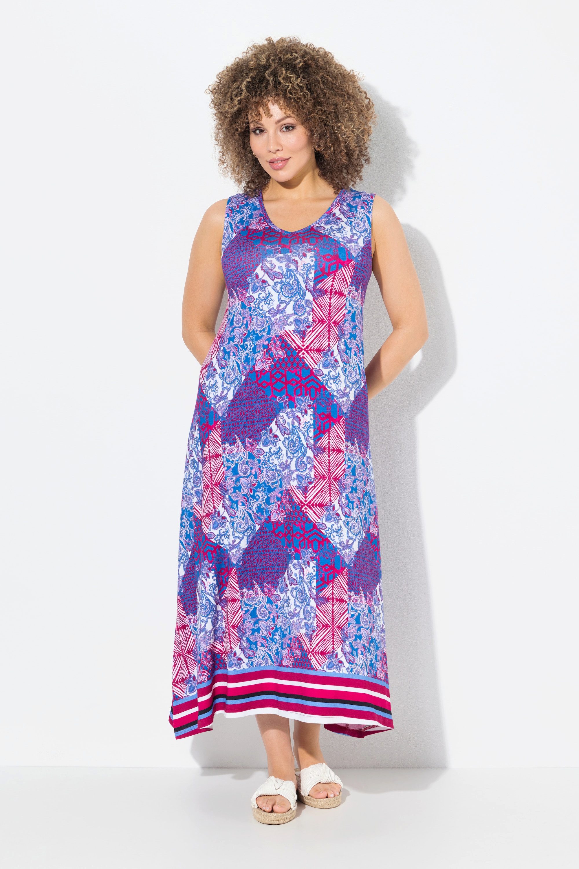 Ulla Popken Jerseykleid Maxikleid Patchdruck A-Linie V-Ausschnitt ärmellos günstig online kaufen