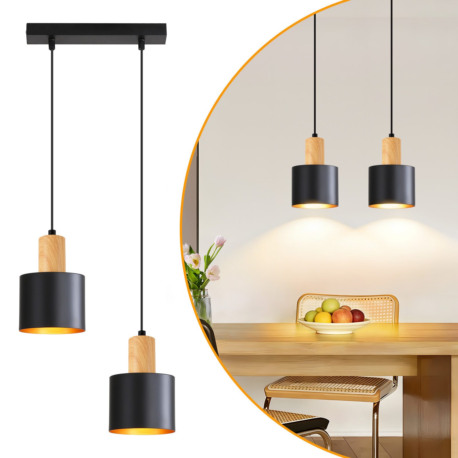 Nettlife Hängeleuchte Schwarz Vintage 1/2/3 Flammig Esstisch E27 Pendelleuchte, Höhenverstellbar, LED wechselbar, Metall Pendelleuchte Essbereich Hängelampe – Bild 2 von 5