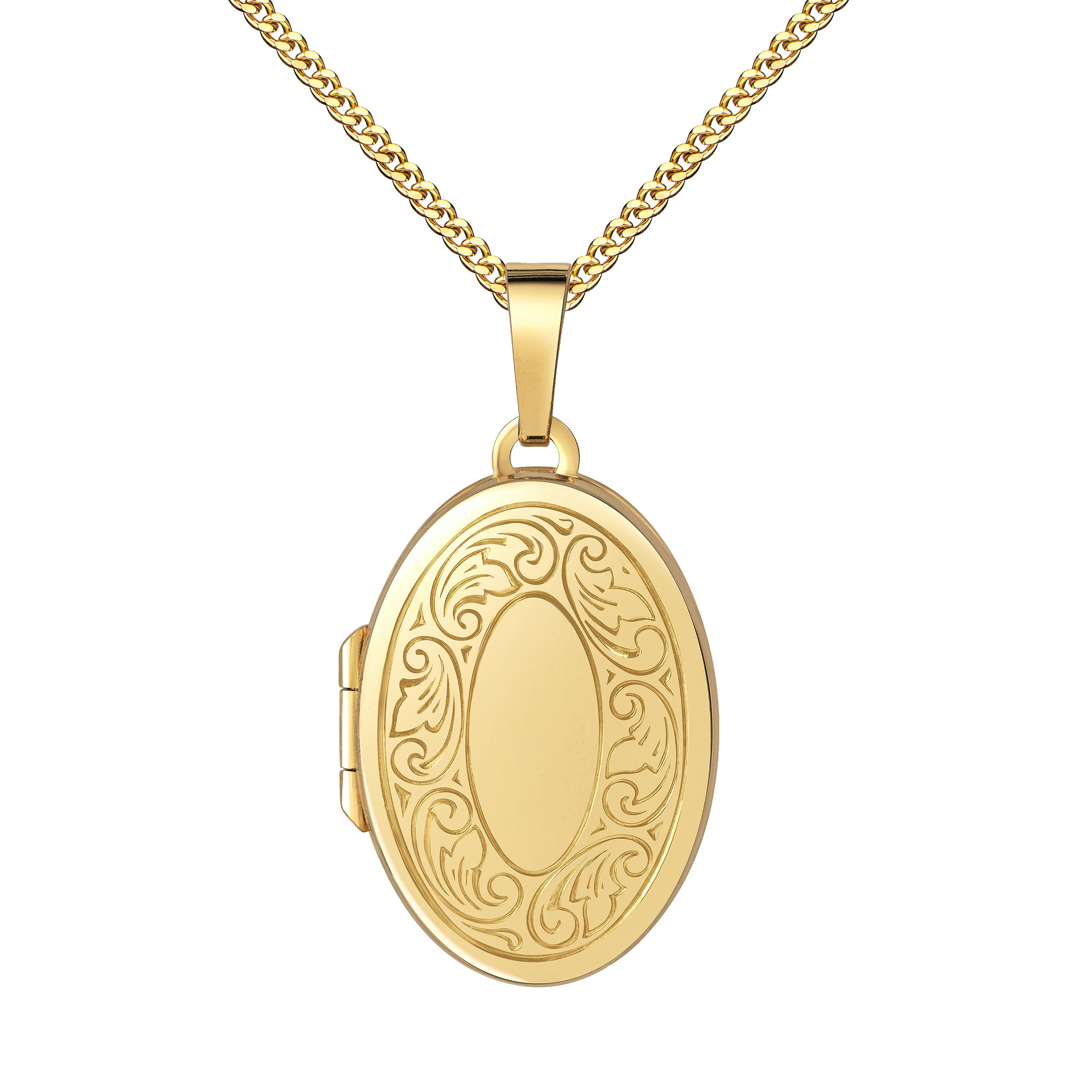 JEVELION Amulett Medaillon 750 Gold Ornament-Verzierung Anhänger zum Öffnen 2 Bilder (Fotomedaillon, für Damen und Mädchen), Goldanhänger mit Kette vergoldet - Länge wählbar 36 - 70 cm