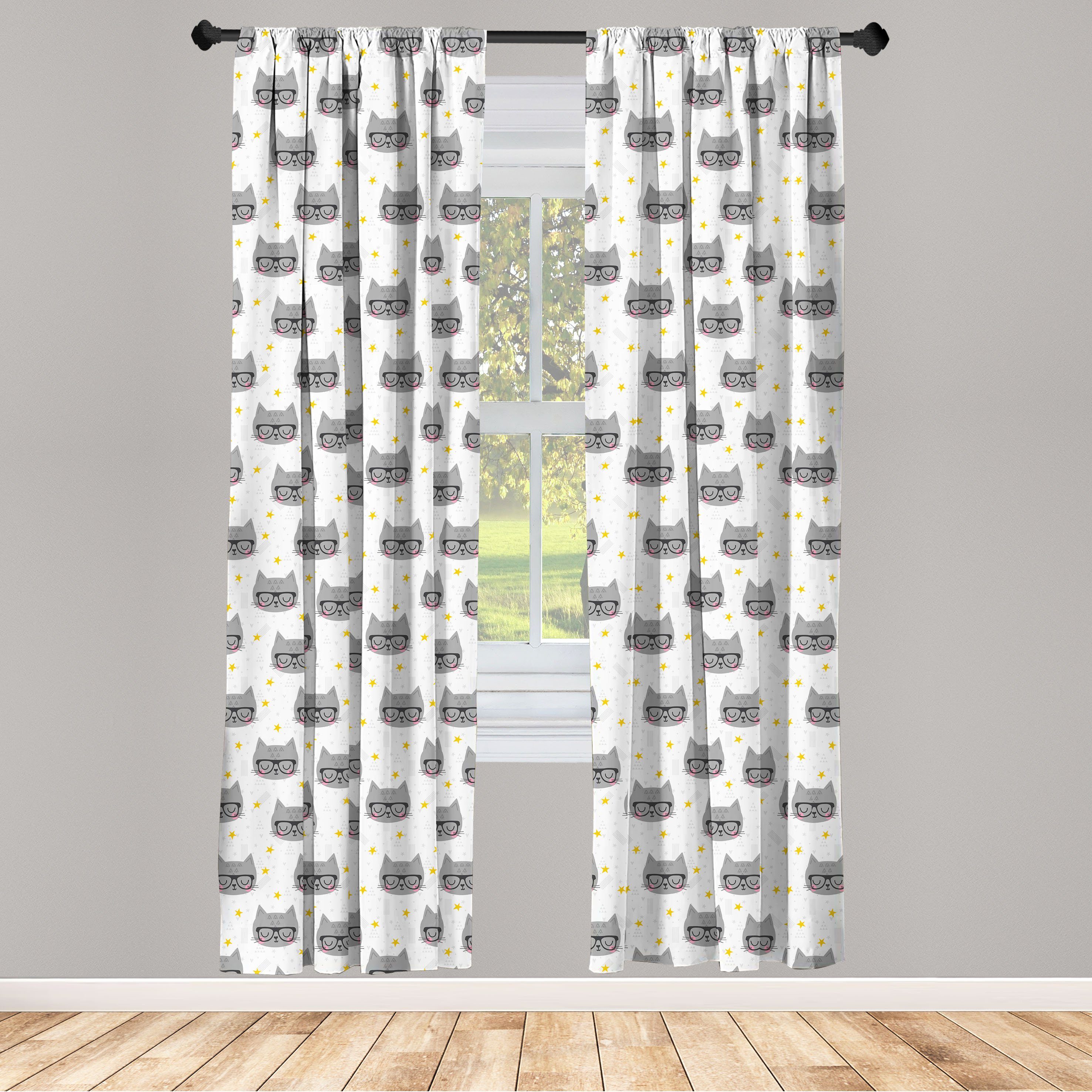 Gardine Vorhang für Wohnzimmer Schlafzimmer Dekor, Abakuhaus, Microfaser, Katze Hipster Kitties Glasses