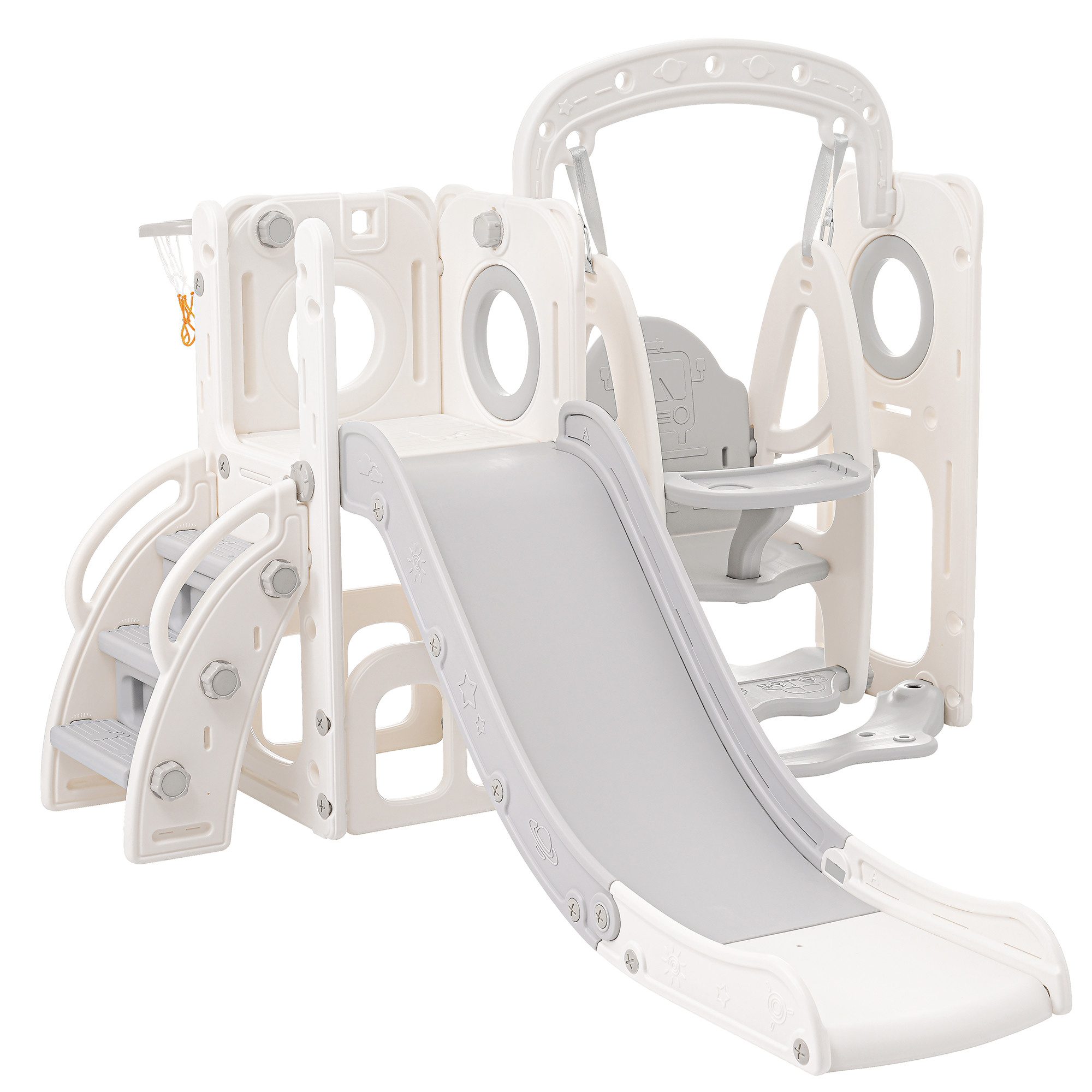 REDOM Rutsche Cub Kids 5-in-1 Rutsche für Kinder – Rutsche, (reichlich Stauraum, Sichere Materialien, 1-tlg., Grau/Weiß), mit Schaukel, Treppe