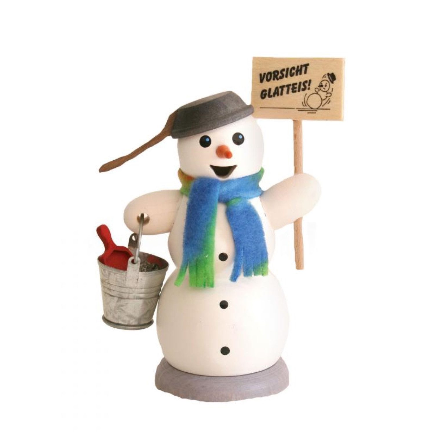 Kuhnert Räuchermännchen Kuhnert Rauchfigur Schneemann mit Schild Vorsicht Glatteis, 100% Made in Germany, Erzgebirgische Holzkunst