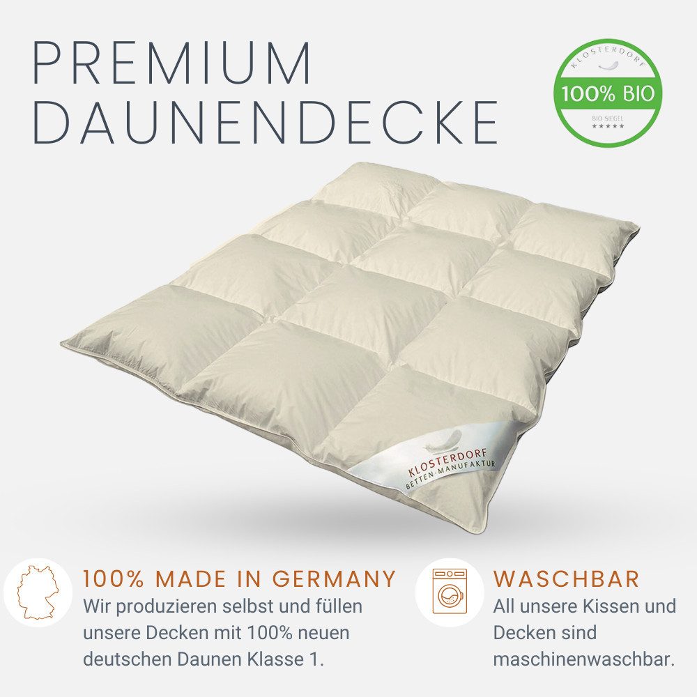 Klosterdorf Betten-Manufaktur Gänsedaunenbettdecke Premium Kinder BIO Ganzjahres Daunenbett Daunendecke - wonneproppen -, Füllung: 100% neue reine weiße deutsche Bio Gänsedaune aus Bio Produktion Klasse I, Für erholsamen und gesunden Schlaf, liebevolle Handarbeit aus unserem deutschen Familienbetrieb