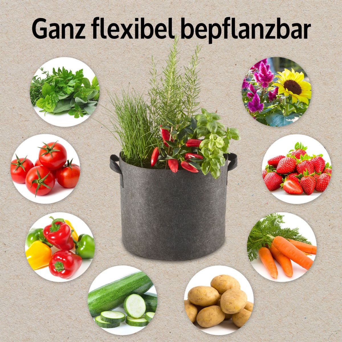 Zooprinz Pflanzkübel Pflanzsack Pflanztaschen 3er & 6er Sets 30 Liter 60 Liter (3 St), 260 g/m² Vliesstoff, Wasserabfluss, UV- und witterungsbeständig