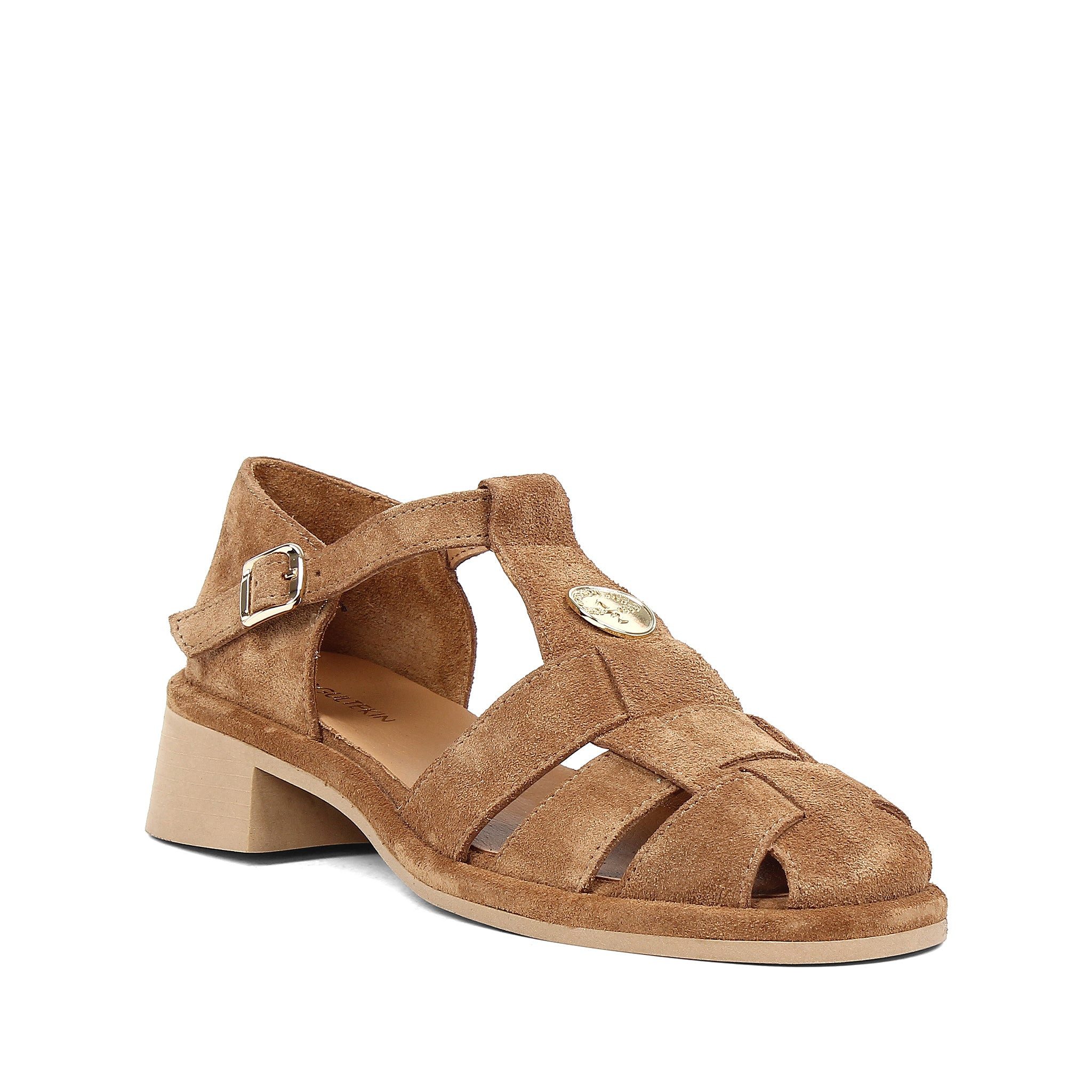 Celal Gültekin T-Strap Blockabsatz Knöchelriemen Retro Boho Damen Riemchensandalette Veloursleder, Echtleder-Futter & Decksohle, Hellbraun, 39