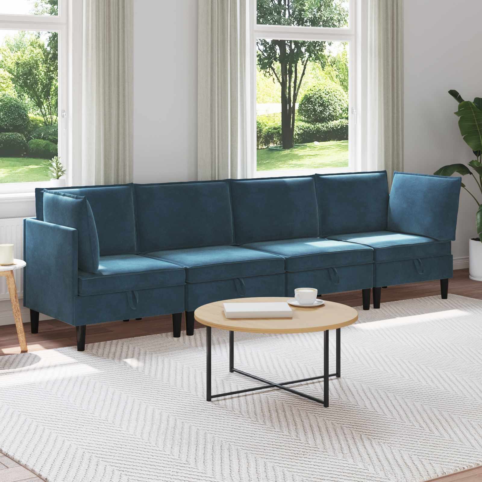 vidaXL Wohnzimmer-Set Wohnzimmergarnitur mit Kissen mit Speicher 4 pcs Blau Samt, (4-St)