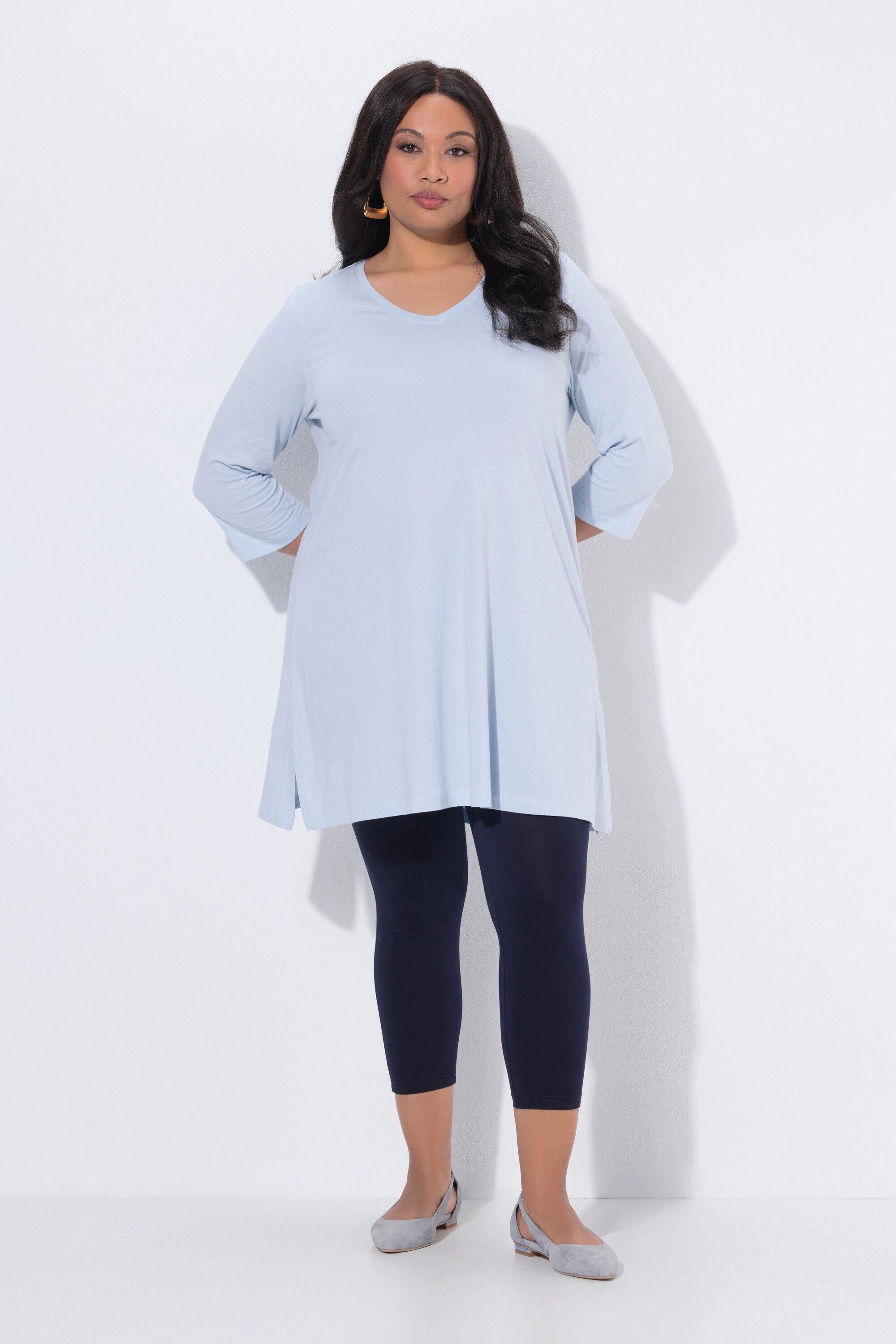 Ulla Popken Longshirt Longshirt A-Linie V-Ausschnitt 3/4-Arm günstig online kaufen
