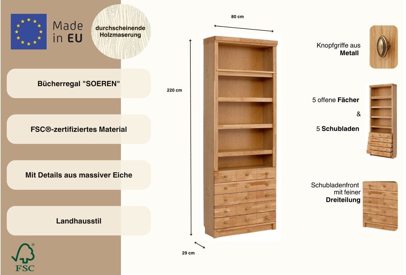 OTTO home Bücherregal Soeren Eiche Regal mit 5 breiten Schubkästen in geteilter Optik, T/H: 80/29/220 cm, Eiche teilmassiv, FSC®, elegante Metallgriffe