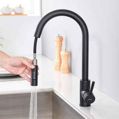 Lonheo Küchenarmatur Wasserhahn Küche Edelstahl Hochdruck Küchenarmatur Ausziehbar Schwarz