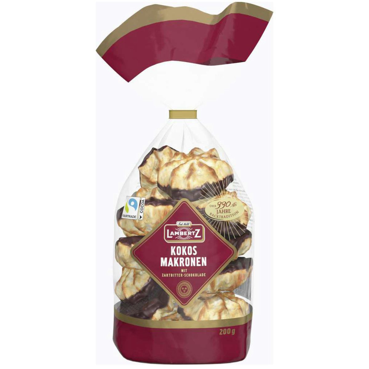 Lambertz Süßigkeit, Lambertz Kokos Makronen mit Boden aus Zartbitterschokolade 200g
