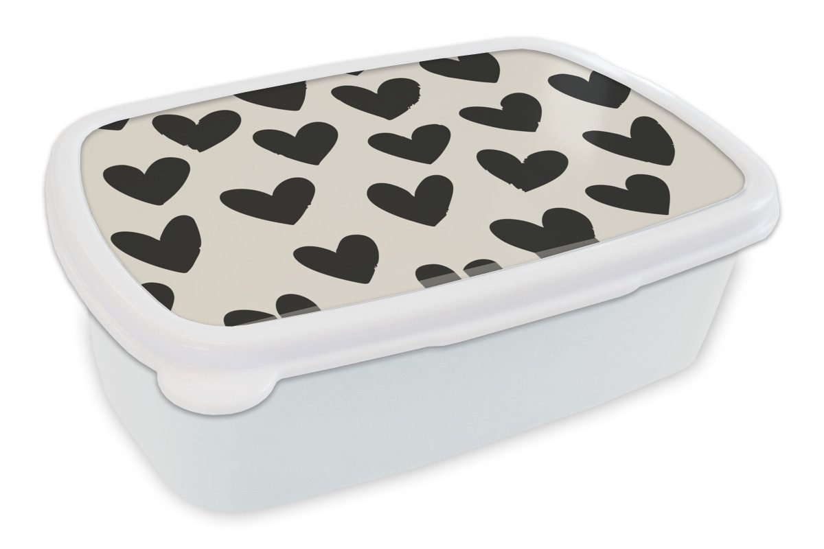 MuchoWow Lunchbox Herzen - Schwarz - Beige, Kunststoff, (2-tlg), Brotdose Schule oder Arbeit, Brotbox für Kinder und Erwachsene