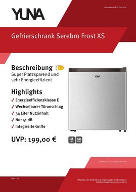 YUNA Gefrierschrank Serebro Frost XS, 50 cm hoch, 44,5 cm breit, wechselbarer Türanschlag, 34 Liter, Nur 41 dB, Integrierte Griffe
