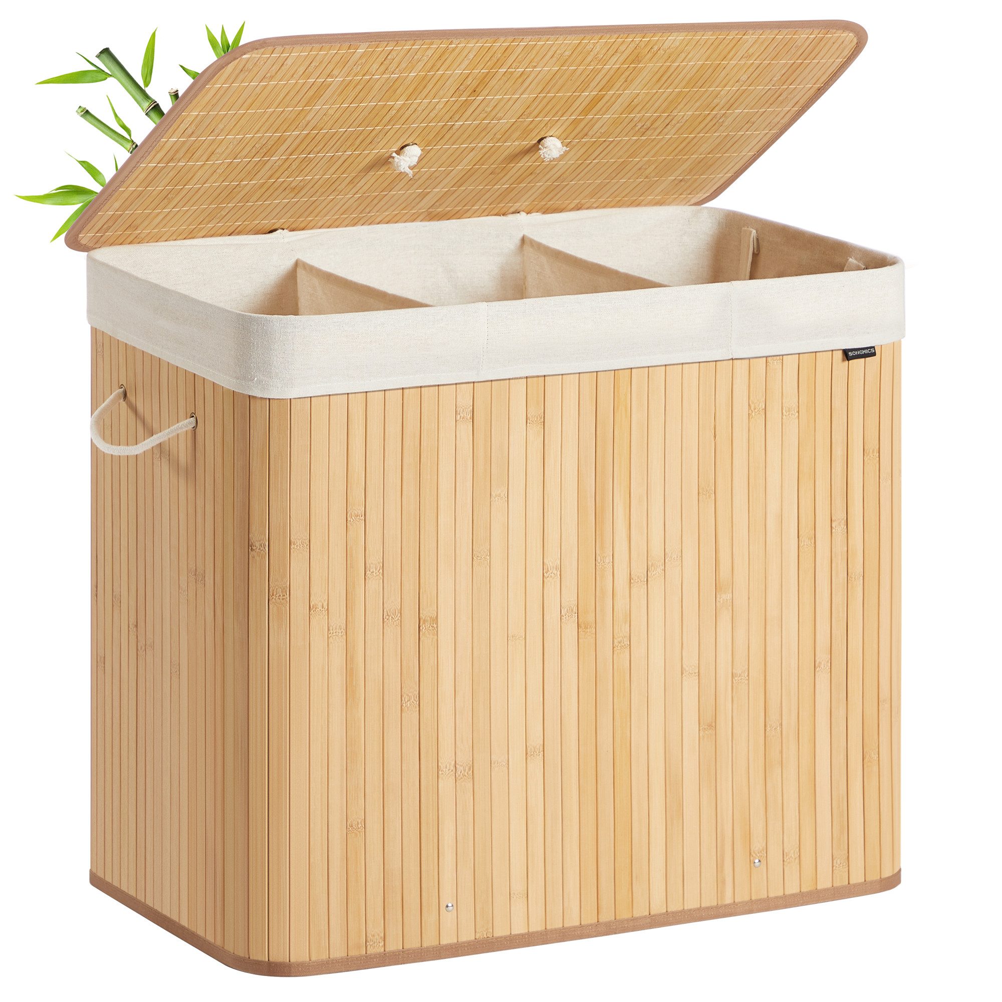 SONGMICS Wäschekorb mit Deckel, Wäschesammler aus Bambus, faltbar, für Waschküche, 3 Fächer, 170 Liter, Wäschesack herausnehmbar, 70 x 40 x 61 cm