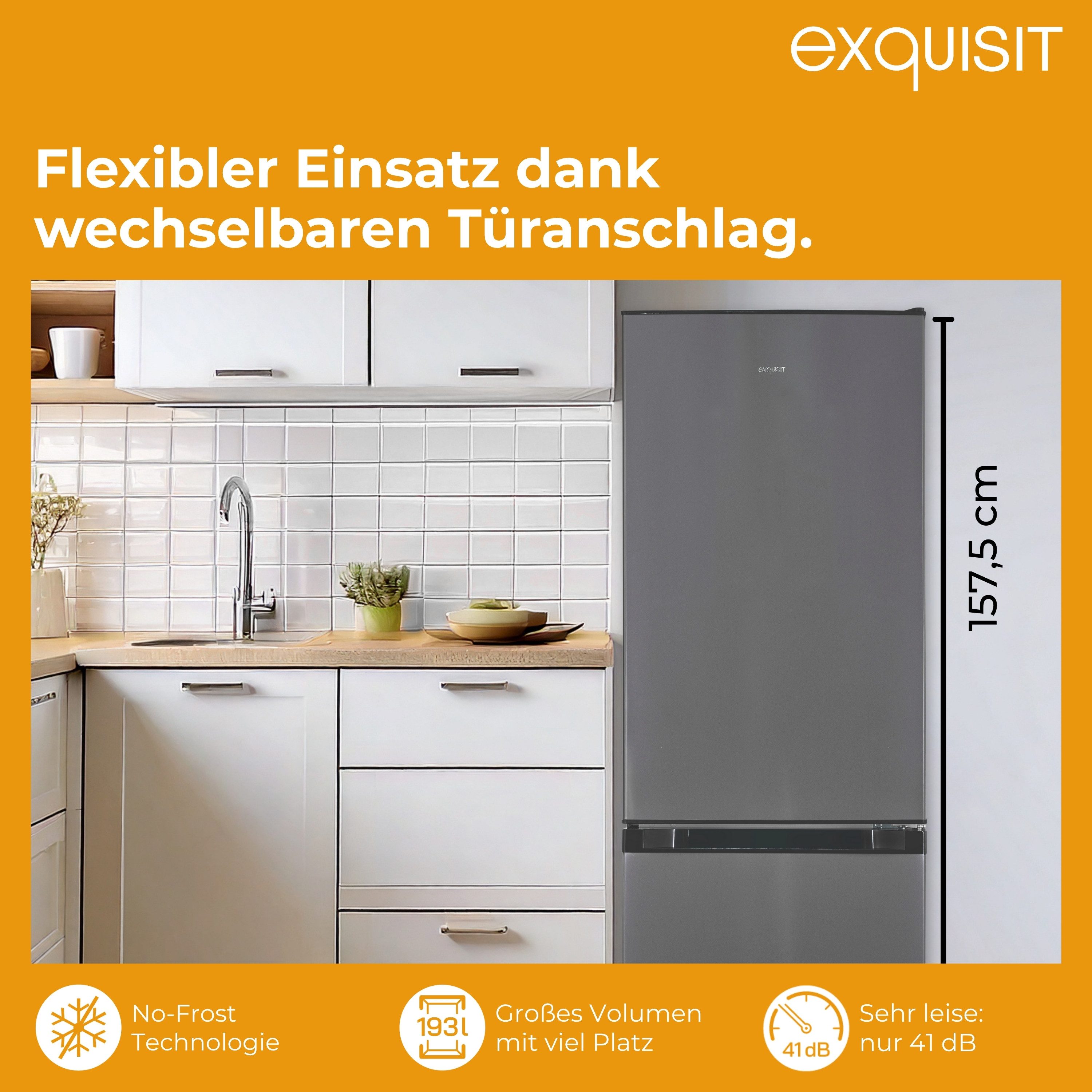 exquisit Kühl-/Gefrierkombination KGC5195-65-NF-330E, 157.5 cm hoch, 48.5 cm breit, No-Frost-Technik, LED-Beleuchtung, wechselbarer Türanschlag