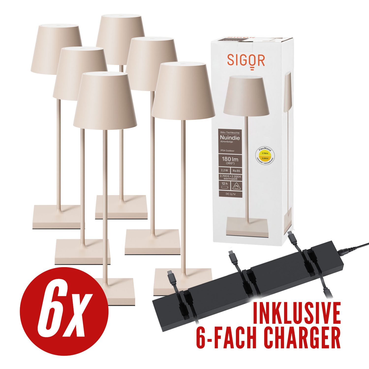 SIGOR LED Tischleuchte 6x Nuindie USB-C 380mm dünenbeige + 1x Charger, Dimmbar, LED fest integriert, Warmweiß