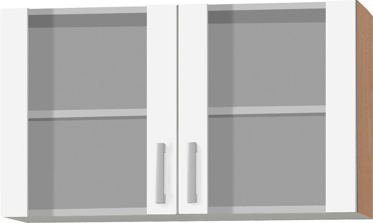 OPTIFIT Hängeschrank Odense 100 cm breit, mit 2 Türen mit Grauglaseinsatz weiß/buche-Milchglas | buchefarben