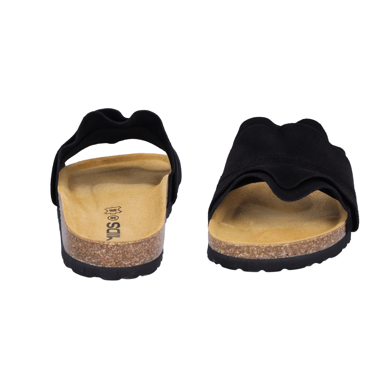 MIDS MIRABEL Damen Pantolette schwarz aus Velourleder mit Rüschenriemen, Lederfußbett & Korksohle