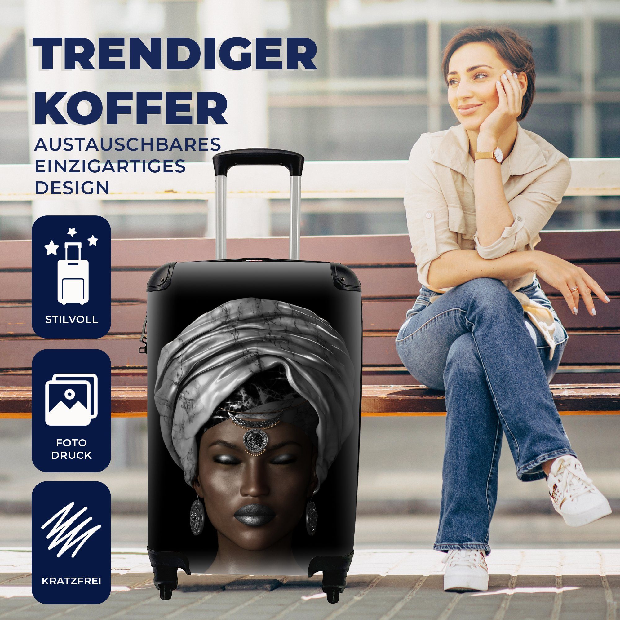 Schwarz für - Reisetasche - Frauen mit Ferien, rollen, Reisekoffer MuchoWow 4 Handgepäck Weiß, Rollen, Trolley, Accessoires Handgepäckkoffer -