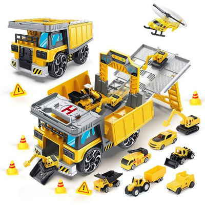 LBLA Spielzeug-Transporter Spielzeug-LKW-Transporter mit Autos und Flugzeug, 14-tlg. Fahrzeuge-Set: Bagger, Helikopter, Geschenk Kinder ab 3 Jahren