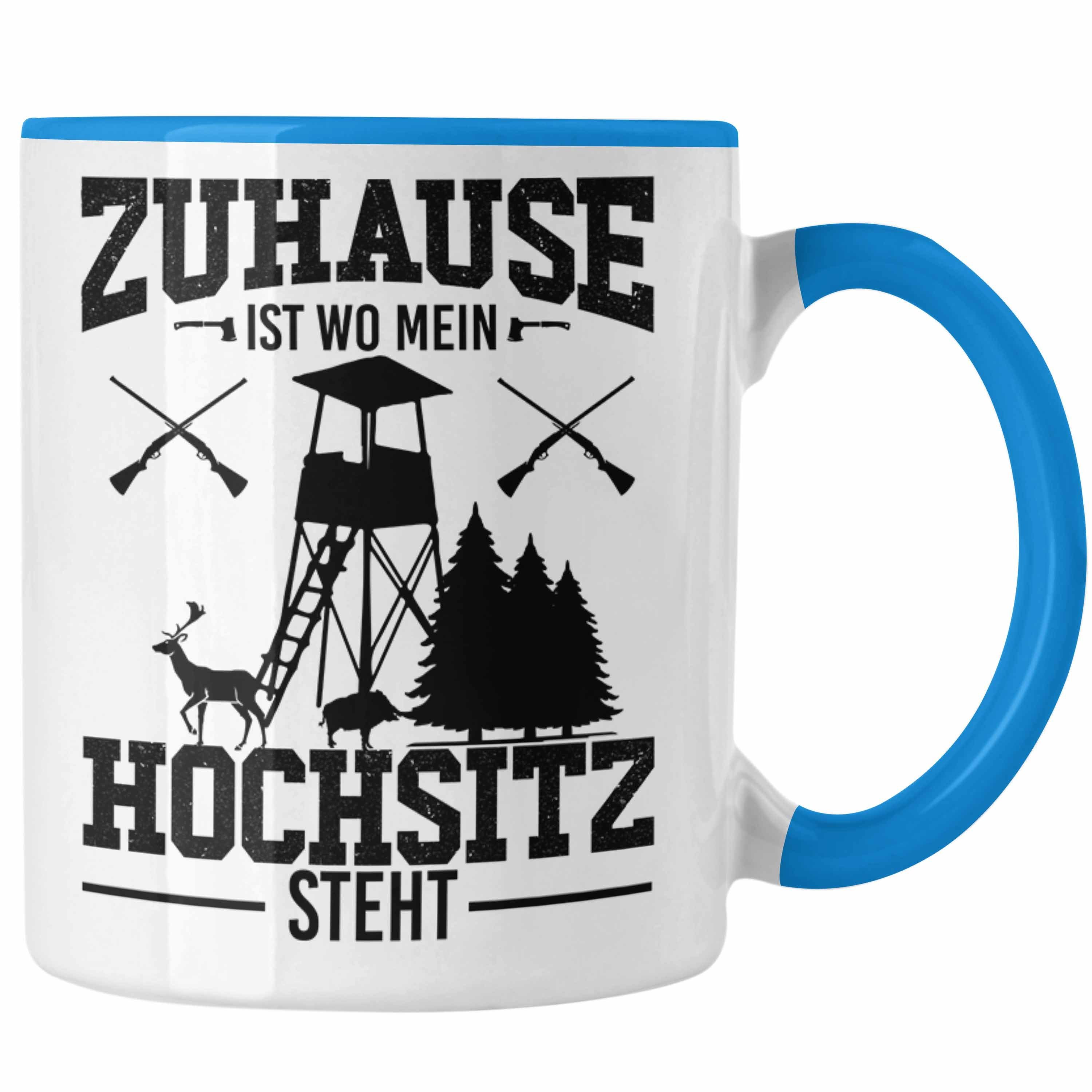 Trendation Tasse Trendation - Jäger Vater Geschenke für Männer Tasse Geschenkidee Vatertag Zuhause Ist Wo Mein Hochsitz Steht Blau