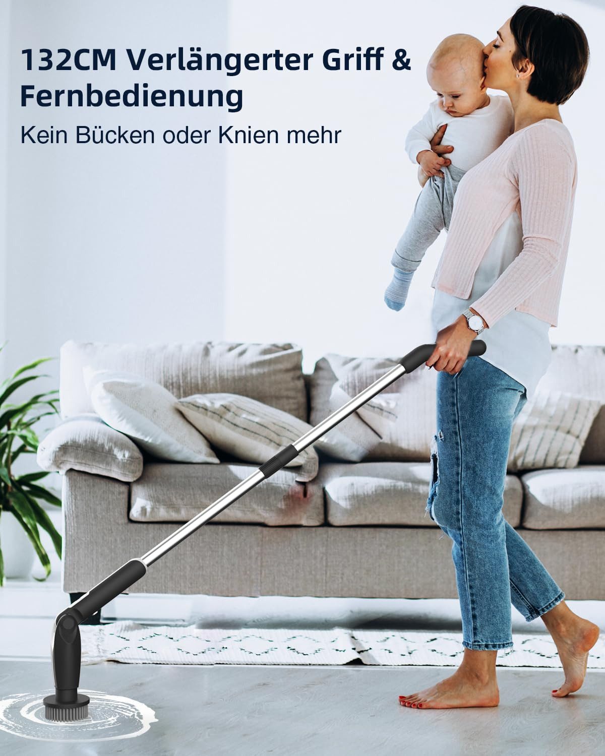 AIBISTAR Elektro-Oberflächenbürste Elektrische Reinigungsbürste, 8 Aufsätze, 2 Geschwindigkeiten, LED-Farbanzeige für Akkustand, 4 verstellbare Winkel (90°–180) – Bild 4 von 5